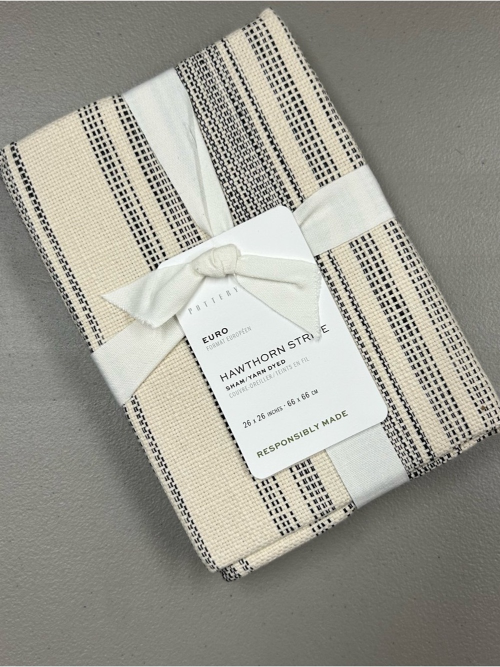 Pottery Barn Hawthorn Striped Cotton EURO Pillow Sham Cover Charcoal Gray NWT